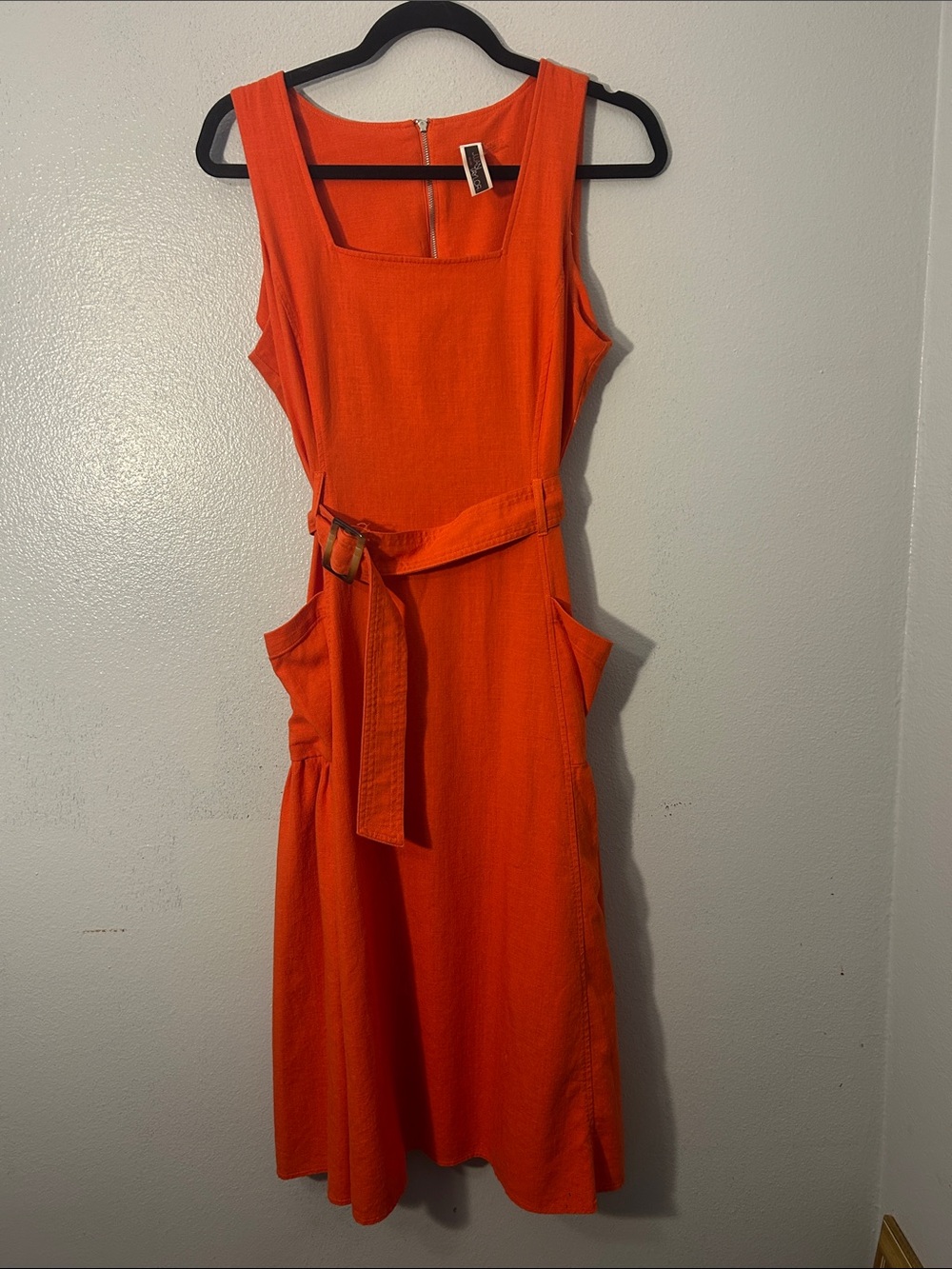 Julian Taylor Orange Linen Blend Belted Midi Dress Pockets Size 12
